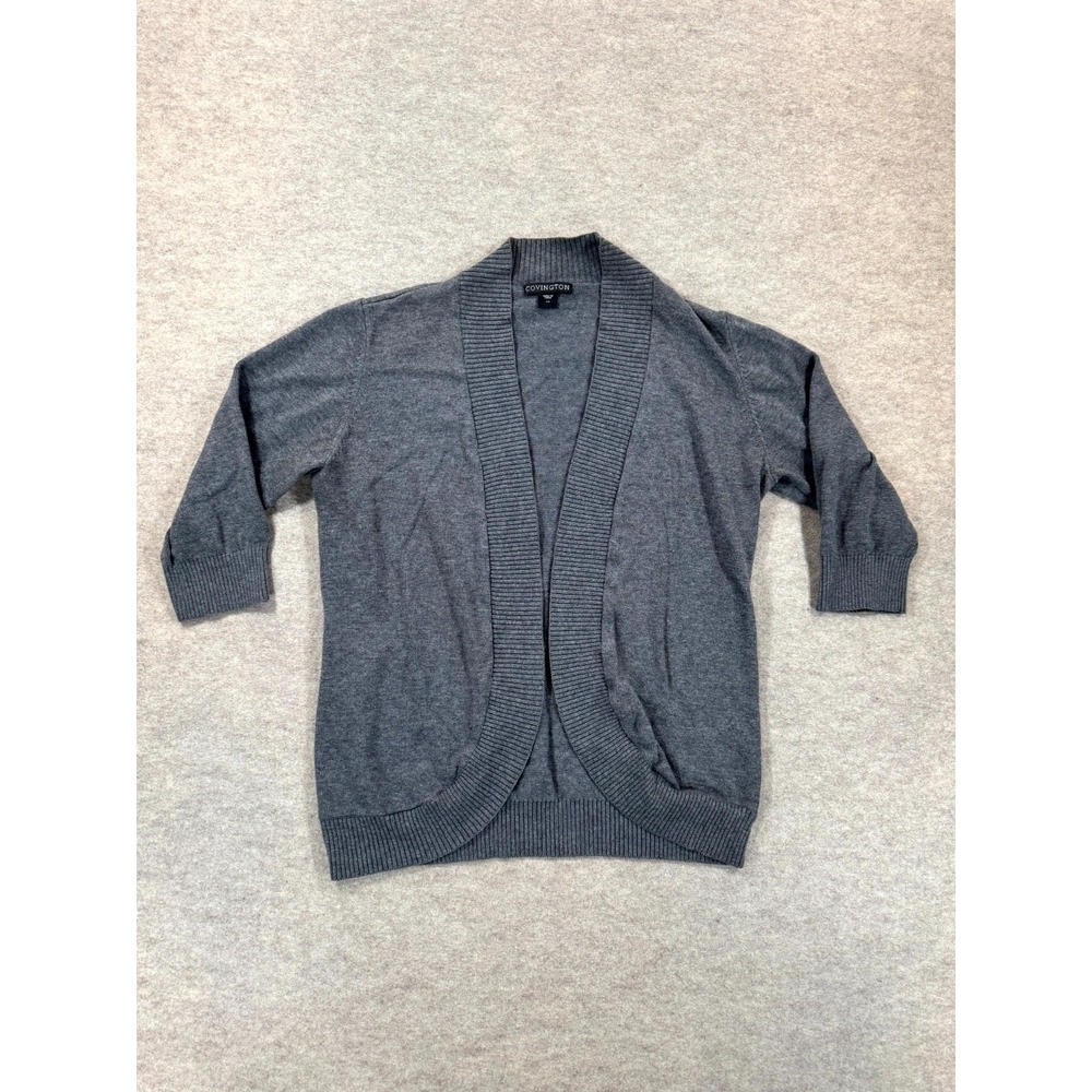 Covington Cardigan Sweater Womens Large Gray Knit Cotton 3/4 Sleeve Open Front